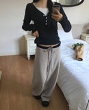 Soya Dot Half Button V-Neck Long Sleeve T-Shirt