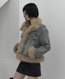 Fur trimmed quilted denim jacket
