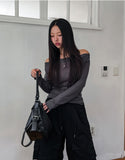 Ruffle see-through shirring drape long sleeve