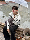 Snow Falling Design High-Neck Knit Zip-Up
