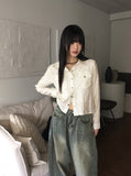 [MADE] Lippe Vintage Pleated Pocket Collar Semi Crop Long Sleeve Shirt