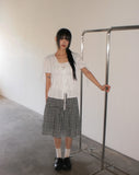 Etched puff ribbon pin tuck blouse