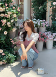 Sweet Seersucker Check Collar Puff Blouse