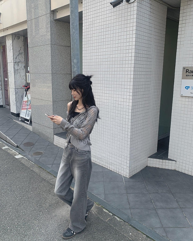 【Anyone more】Tutu Gray Washing Denim Wide Pants Anyone more (エニワンモア) - トゥトゥグレーウォッシング