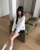 Gumi Striped Button Round Neck Blouse