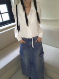 Pluck cut cargo pocket back band slit denim long skirt