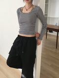 Liren Stripe Slim Fit Round Crop Long Sleeve T-Shirt