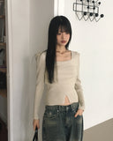 Coil chiffon layered square neck slit ribbed knit