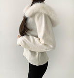 Two-Way Fur Hood Slim Fit Knit Zip-Up