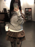 Boudin Stripe Loose Fit Off-Shoulder Button Knit