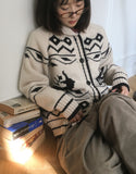 Jeber Deer Nordic Round Collar Knit Cardigan