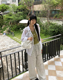 Satin Linen Stripe Wide Banding Long Pants