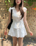 Rib Unbalanced Button Sheer Blouse