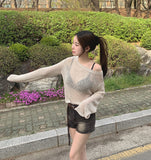 Loose-Fit Boat Neck Mesh Long Sleeve Knit