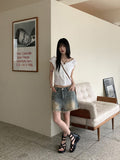 Roba Embossed Pearl Button Short Sleeve Blouse