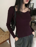 RB Bolero Slit Ribbed Wave Square Heart Neck Long Sleeve Knit
