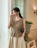 Okan Round Neck Pintuck Sleeveless Blouse (Belt Set)
