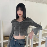 Elfu Gradient Two-Tone Off-Shoulder Ribbed Two-Way Long Sleeve Knitwear Zip-Up