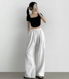 Summer Pin Tuck Long Wide Banding Pants