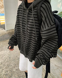 [unisex] Hibo stripe hood knit warmer zip-up cardigan