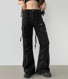 Waist Strap Low Waist Pocket Shirring Pin Tuck Wide Bootcut Pants