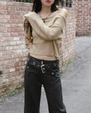 Shume Punching Openwork String Off-Shoulder Knit