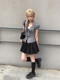 Ession Ribbon Puff V-Neck Check Shirt