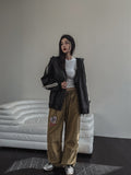 Track shirring leather hooded jacket