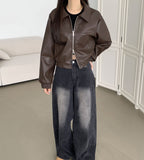 Autumn Pocket Zipper Loose Fit Leather Two-Way Crop Jacket