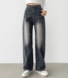 Elastic semi-wide washed denim pants XL Size