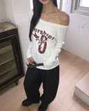Dua Number Star Printed Unbalanced Off-Shoulder Long-Sleeve T-Shirt