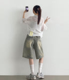 Backpoint Pocket Washing Bermuda Scratch Knee Length Denim Pants