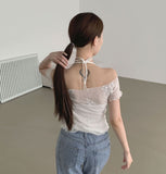 Flower Pattern Halterneck Sleeveless Short Sleeve Blouse Set