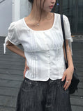 Henry Ribbon Pintuck Shirring Square Short Sleeve Blouse