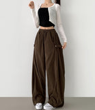 Corduroy Side Snap Button Folding Wide Banding Pants