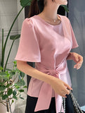 Eju Round Ribbon Strap Short Sleeve Blouse