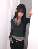 Lipin Color Matching V-Neck Slim Boucle Long Sleeve Knit