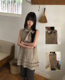 Jewel Ribbon Tie Frill Layered Sleeveless One Piece