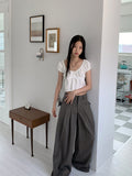 Haron Side Ribbon Strap Pintuck Long Wide Slacks