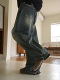 Kame two-way snap button long wide denim pants