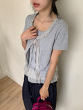 Pokapo Frill Layered Ribbed Short Sleeve Cardigan