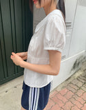 Jenny Round Collar Pin Tuck Lace Puff Short Sleeve Blouse