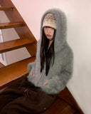 Plada Pine Leaf Angora Knit Over Fit Hood Cardigan