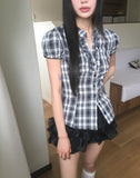 Devon V-neck Check Frill Blouse