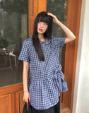 Purip Ribbon Strap Round Collar Check Mini One-Piece Dress