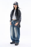 Deep side fold balloon denim pants