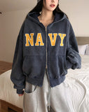 Navy Lettering Brushed Washing Hood Zip-Up