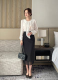 Marron Volume Ribbon Puff Blouse
