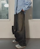 Cross Damage Banding Denim Pants