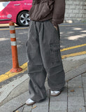 Tail Pigment Washing Cotton Banding Cargo Long Wide Pants